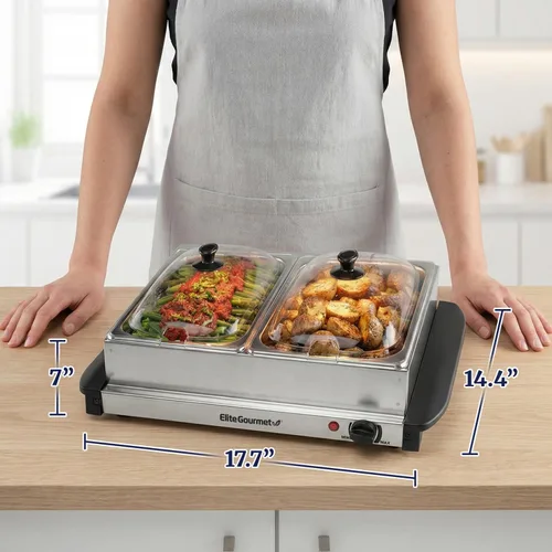 Miniatura 4 de Elite Gourmet EWM-6122 Bandejas dobles de 2 x 2.5 cuartos de galón, servidor de buffet, control de temperatura del calentador de alimentos, tapas