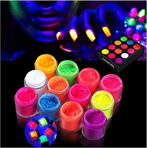 Juego de 12 cajas de pigmento de fósforo de neón en polvo de pigmento de uñas de gran capacidad | 240G Fluorescent Nail Glitter Gel Polish 12 Colors