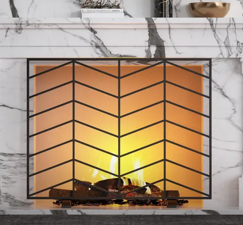 Miniatura 2 de Fire Beauty Panel único de chimenea de hierro forjado con malla de zigzag, protector contra chispas de fuego para sala de estar, decoración