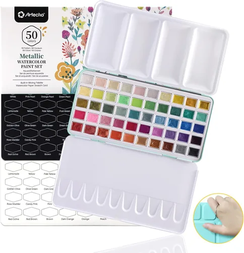 Miniatura 9 de Artecho Juego de pintura de acuarela de 50 colores, juego de acuarela de viaje con papeles de acuarela y pinceles, ideal para aficionados