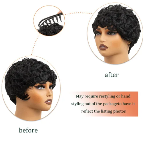 Miniatura 4 de Cabello rizado Pixie para mujer con flequillo para mujer (negro y rizado) Pixie - Pelucas sintéticas en capas, pelucas cortas para mujeres negras