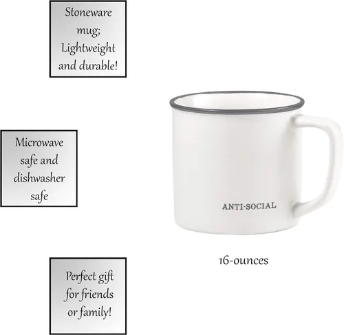 Miniatura 2 de Santa Barbara Design Studio Tazas de café en blanco y negro con diseños cara a cara, taza de gres, 16 onzas, Anti-Social