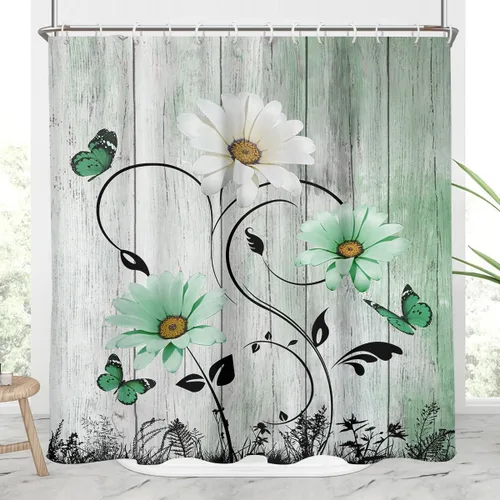 Miniatura 22 de AAtter Cortina de ducha floral azul rústica boho gris blanco amarillo margarita naturaleza negro botánico telón azul verdoso turquesa tela única