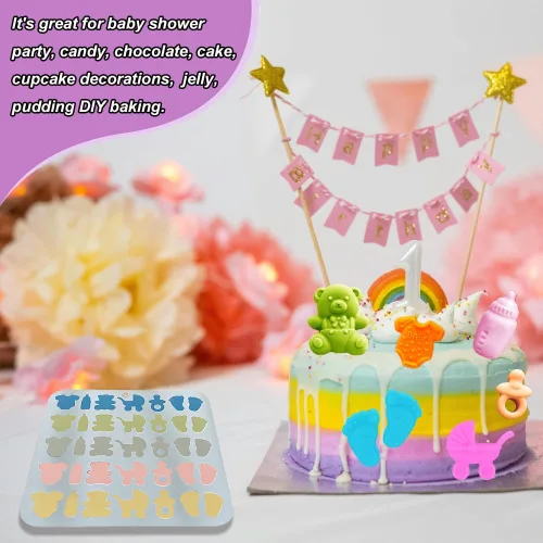 Miniatura 6 de Paquete de 2 moldes de silicona para baby shower, 35 cavidades para pies de bebé, con botella 3D, para chupete, patrón de oso carruaje para fiesta