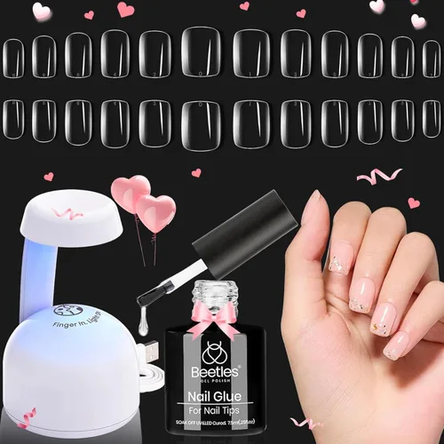 Miniatura 13 de Beetles Puntas de uñas de gel, set de extensión de uñas suaves 504 piezas, 12 tamaños, puntas de uñas cortas de almendra transparentes pre-dadas