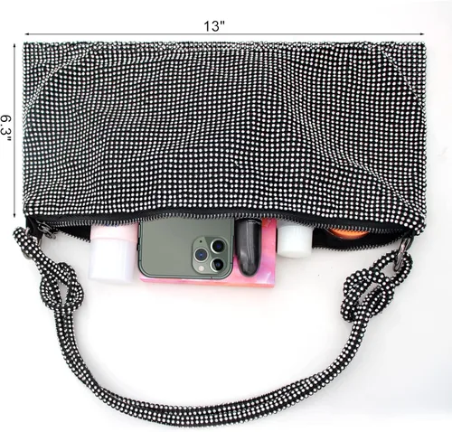 Miniatura 5 de Bolso Hobo plateado con diamantes de imitación, bolso de noche negro brillante para mujer, fiesta de graduación, boda