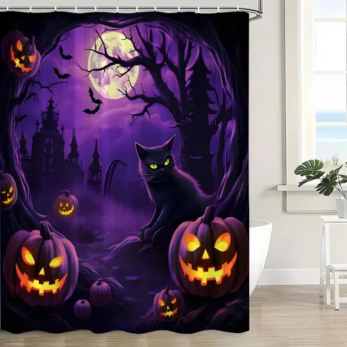 Miniatura 2 de Cortina de ducha de Halloween, espeluznante gato negro, calabazas aterradoras, luna llena, casa encantada, murciélagos, árbol muerto, cortina