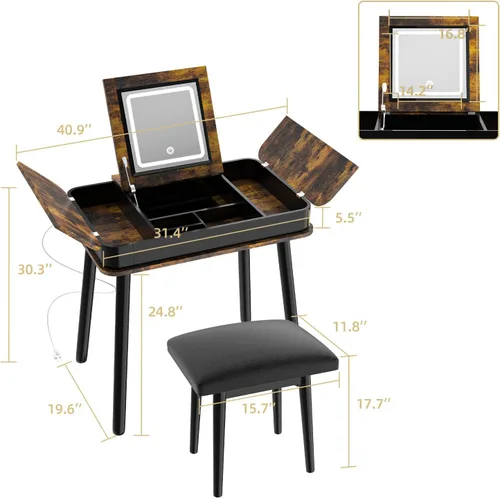 Miniatura 3 de Tiamo Escritorio retro de madera con espejo, luces, silla y cajones, juego de mesa de maquillaje y taburete de 32 pulgadas en marrón