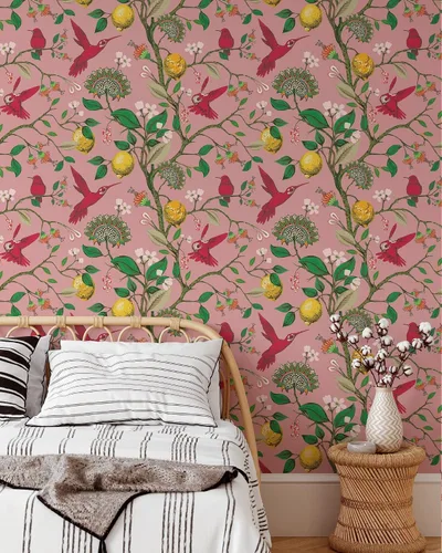 Miniatura 5 de Papel tapiz rosa de colibrí y árbol de limón Mural autoadhesivo extraíble de pájaros Papel tapiz botánico para despegar y pegar