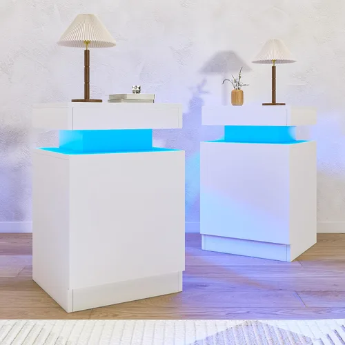 oneinmil Juego de 2 mesitas de noche con luces LED, mesita de noche con armario de almacenamiento para dormitorio, mesita de noche con LED, color