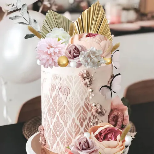 Miniatura 3 de 32 piezas de adornos bohemios para pasteles con flores y hojas de palma, decoraciones de pasteles para bodas bohemias, baby shower, suministros