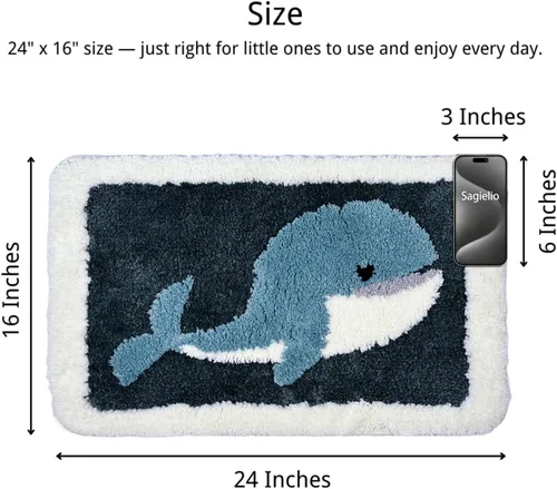 Miniatura 2 de Alfombra de baño de microfibra con diseño de ballena, alfombra de baño para niños, decoración náutica con peces y océano, antideslizante, suave