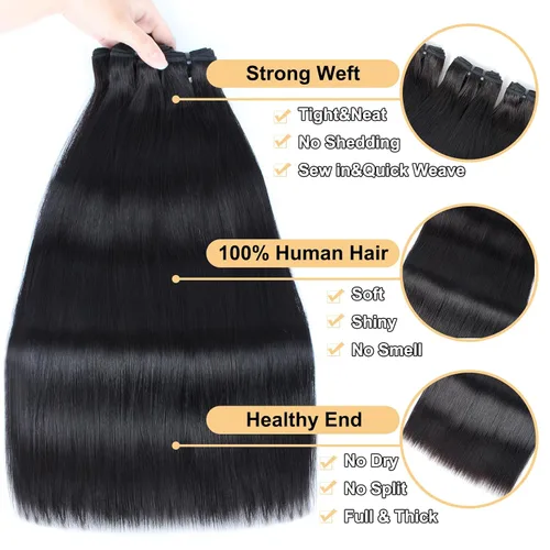 Miniatura 2 de Extensiones de cabello humano lacio 12A con cierre de encaje HD de 5 x 5 (16, 18, 20 + 14 pulgadas), tejido de cabello humano virgen brasileño 100%