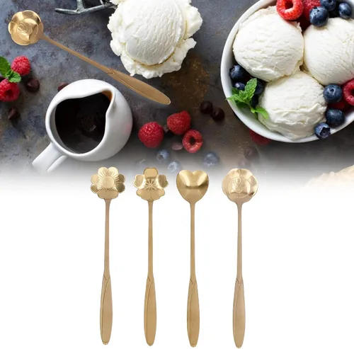 Miniatura 6 de Cuchara agitadora, 4PCS cuchara mezcladora de flores en forma de corazón cuchara de café de acero inoxidable cuchara de desierto cuchara de té