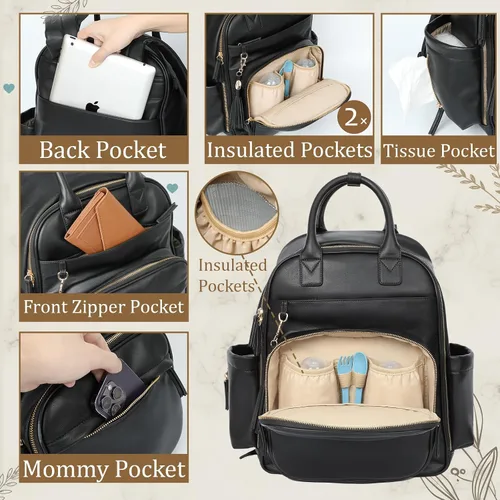 Miniatura 4 de Omanmoli Mochila para pañales, bolsa de bebé de cuero con 16 bolsillos, mochila grande para pañales de viaje, organizador esencial para bebé, 4 Negro