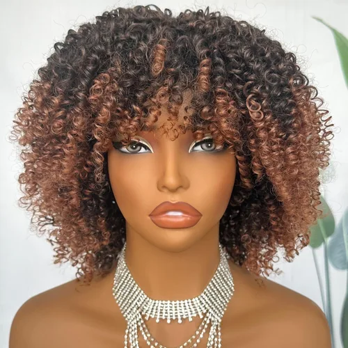 Miniatura 7 de SOKU Peluca de cabello corto rizado para mujeres negras, peluca corta rizada con flequillo, 10 pulgadas, rubia, resistente al calor, para mujer