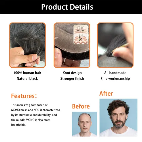 Miniatura 4 de Hywel Toupee para hombres con cabello humano 100% real, parte superior mono con revestimiento de poliéster alrededor de la gorra para hombre, piezas