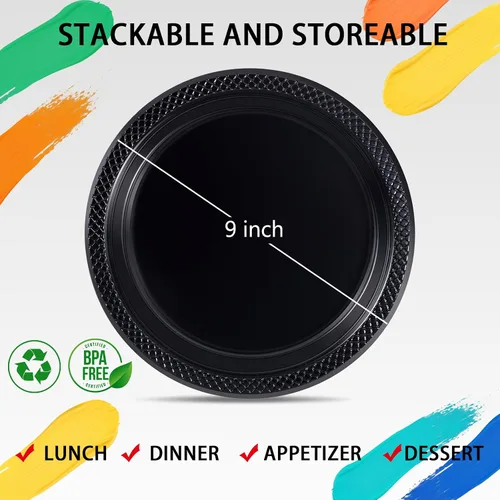 Miniatura 6 de Platos de plástico negro WELLIFE de 9 pulgadas - 150 unidades para fiesta, platos de plástico desechables para cena de Halloween, picnic, BBQ