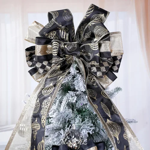 Miniatura 7 de MAYREEL Cinta de Navidad negra y dorada de 2.5 pulgadas con alambre para árboles de Navidad, coronas, adornos para la copa del árbol, manualidades