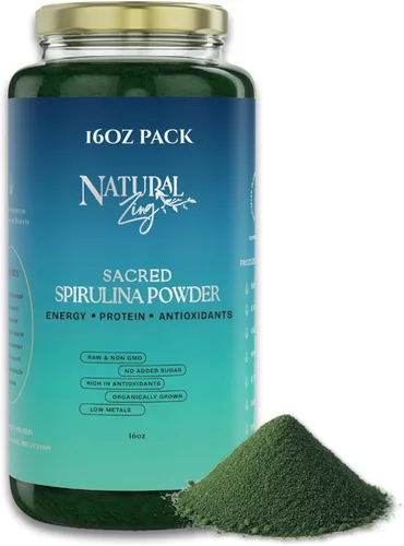 Natural Zing Espirulina 100% pura (cruda, orgánica) | 1000 16 onzas en polvo | Proteína vegana | Ficocianina | Beta caroteno