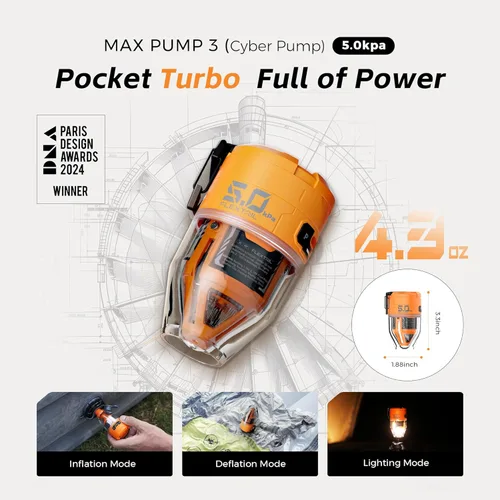 Miniatura 3 de FLEXTAILGEAR Max Pump 3 Air Pump for Inflatables, 5Kpa Portable Air Pump, 500L/min Air Mattress Pump with Camping Light, Electric Pump for Naranja