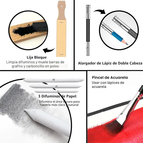 Miniatura 9 de KALOUR Juego de 76 lápices para dibujo y boceto - Suministros de arte profesional con cuaderno de bocetos y papel para acuarela - Incluye tutorial
