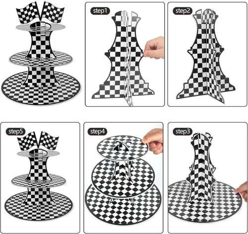 Miniatura 2 de Soporte de cartón para cupcakes con temática de automóvil de carreras, soporte redondo de 3 niveles para cupcakes, soporte de postre para autos
