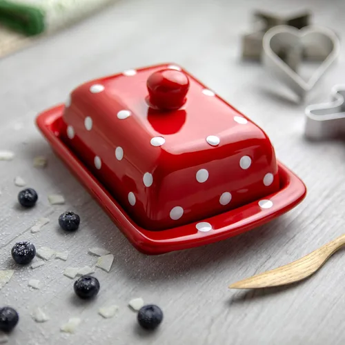 Miniatura 4 de Juego de 10 recipientes de cerámica hechos a mano con lunares rojos y blancos, recipientes grandes y pequeños, mantequilla, tazas de huevo, salero