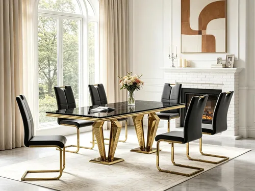Miniatura 49 de 5 Piece Black Marble Dining Table Set for 4, Modern Faux Marble Kitchen Dining Room Tables with 4 Leather Chairs Set, 68.11" Luxury Rectangular
