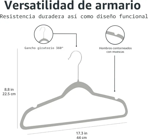 Miniatura 9 de Amazon Basics - Juego de 50 perchas antideslizantes, delgadas, con acabado de terciopelo, color gris/plateado