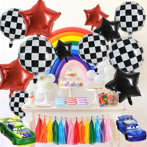 Miniatura 4 de TONIFUL 18 globos a cuadros blancos y negros, globos de carreras de 18 pulgadas para decoraciones de fiestas temáticas de autos de carreras rápidas