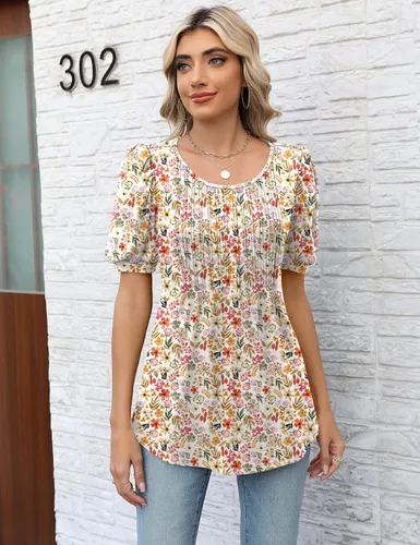 Miniatura 2 de LOMON Blusa de manga larga y corta para mujer, plisada, cuello redondo, estilo casual, holgada, para otoño