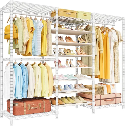 Miniatura 9 de ULIFHOME E16 - Perchero de ropa resistente (con zapatero ajustable de 7 niveles), perchero independiente para colgar ropa, organizador