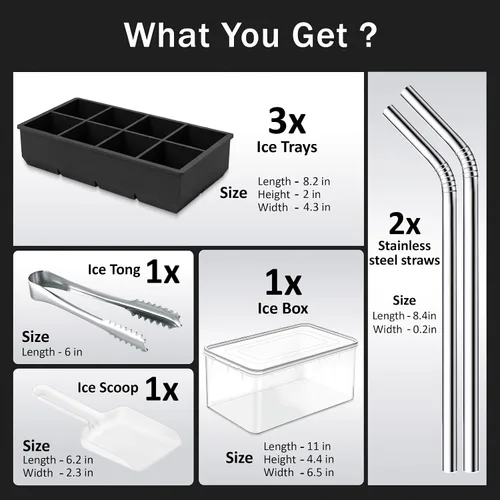 Miniatura 8 de Bandeja grande de silicona para cubitos de hielo, paquete de 3 bandejas para 8 cubos cuadrados con cubo grande, cuchara, pinza y 2 pajitas SS, molde