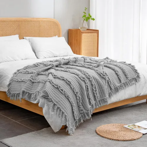 Miniatura 2 de Manta acolchada ultra suave y prelavada de tamaño individual para cama, manta decorativa con flecos y volantes, manta rústica lavada a la piedra Gris