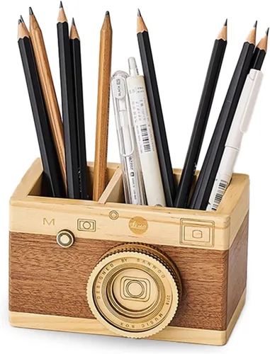 Portalápices de madera vintage para cámara, organizador de escritorio retro para bolígrafos y papelería, regalo de fotografía único para fotógrafos,