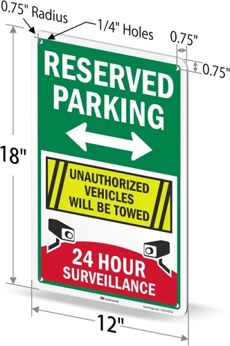 Miniatura 6 de SmartSign Letrero metálico de 18 x 12 pulgadas con texto en inglés «Reserved Parking – Unauthorized Vehicles Will Be Towed, 24 Hour Surveillance