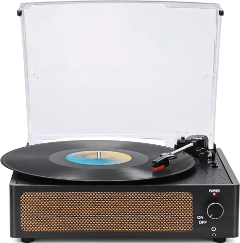 Tocadiscos de vinilo vintage con altavoces, giradiscos accionados por correa, compatible con 3 velocidades, reproducción inalámbrica Bluetooth, Negro