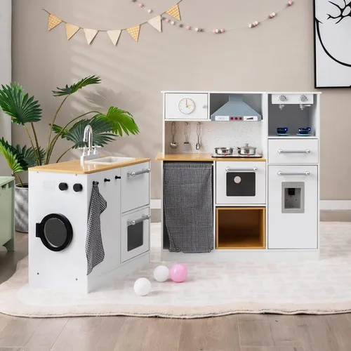 Miniatura 8 de Costzon Cocina de Juego de Esquina de 2 Piezas, Cocina de Juego de Madera con Lavadora, Luz y Sonido Realistas, Cafetera, Estufa y Accesorios