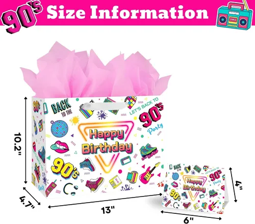 Miniatura 2 de BATYONGOGA Bolsa grande de regalo de cumpleaños retro de los años 90 con asas, incluye tarjeta de felicitación y papel de seda, bolsas de regalo