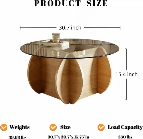 Miniatura 2 de Honyee Mesa de centro redonda de vidrio, mesa de centro pequeña de 30.7 pulgadas con parte superior de vidrio templado y base de grano de madera