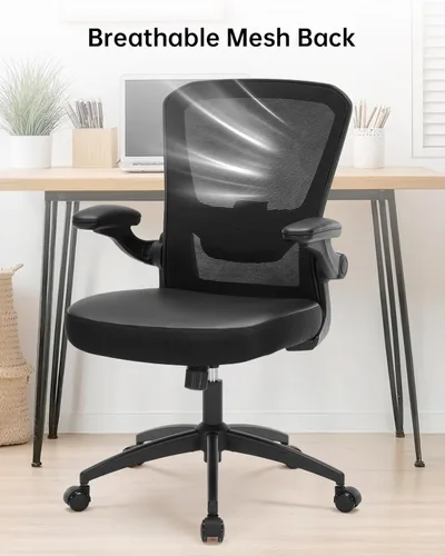 Miniatura 9 de Silla de oficina ergonómica ajustable de piel sintética con soporte lumbar, brazos abatibles, respaldo de malla transpirable, silla de escritorio
