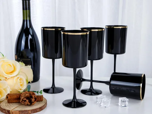Miniatura 8 de Ciaell Paquete de 12 copas de vino de plástico negro de 10 onzas con tallo – Copas de vino desechables negras y doradas, perfectas para fiestas