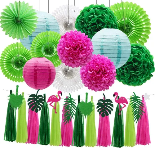 Juego de 29 piezas de decoración de fiesta de hojas de palmera de flamenco tropical, abanicos de papel, pompones y linternas para Luau hawaiano,