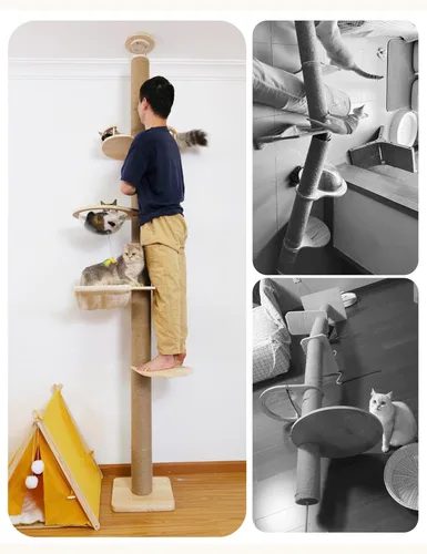 Miniatura 9 de Árbol para gatos del piso al techo con poste rascador de cuerda de sisal natural, altura ajustable (55-119 pulgadas), árbol de actividades