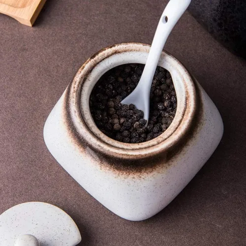 Miniatura 4 de Cabilock Azucarero japonés de cerámica, recipiente de condimento vintage, tarro de almacenamiento de sal con tapa y cuchara para cocina, Moca
