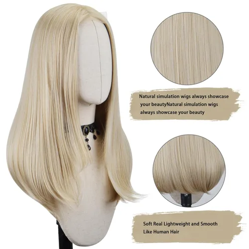 Miniatura 3 de FREE BEAUTY Peluca larga rubia para mujer, peluca de cabello lacio con parte media con encaje de encaje de aspecto natural, peluca de fibra