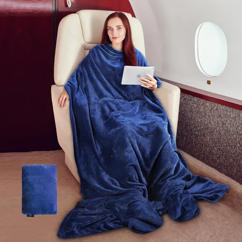 Tirrinia Manta de Viaje con Almohada - Manta de Avión Vestible con Bolsillos para los Pies para Vuelos Largos, Manta Bata Accesorio de Avión para