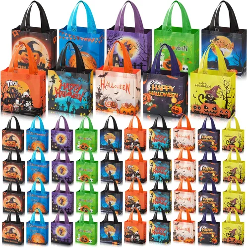 Sweetude 50 bolsas de Halloween con asas, bolsas no tejidas para envolver regalos, suministros de fiesta, 7.9 x 7.9 x 3.15 pulgadas (espeluznantes)