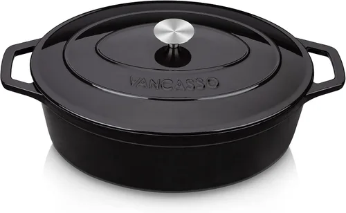 vancasso Horno holandés ovalado de hierro fundido esmaltado, 9.3 cuartos de galón con revestimiento de esmalte antiadherente para hornear pan, olla